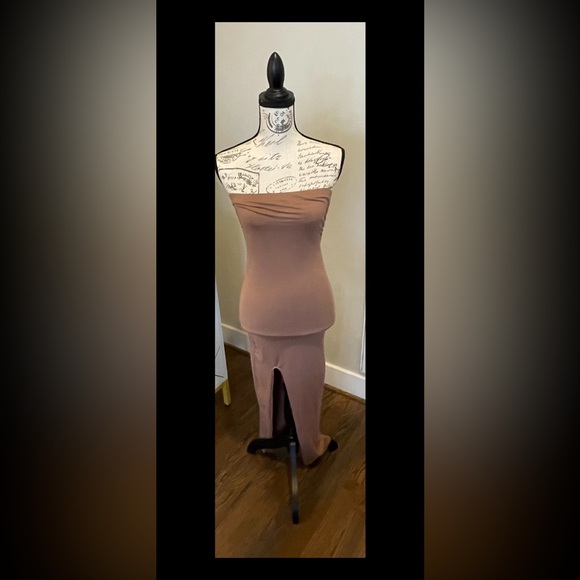 Women’s Brown Stretchy Strapless Bodycon Tube  Full Length Dress W/Slit Size S - Picture 3 of 11